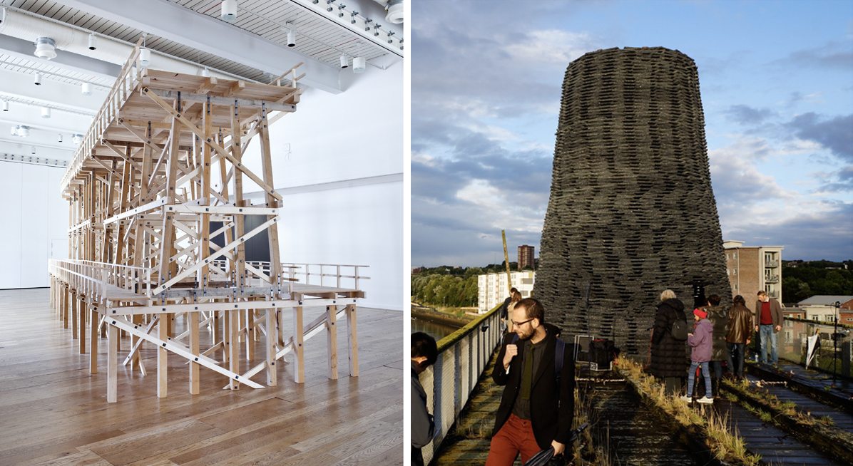 Two images. Large wooden sculpture. Cone shaped sculpture outside